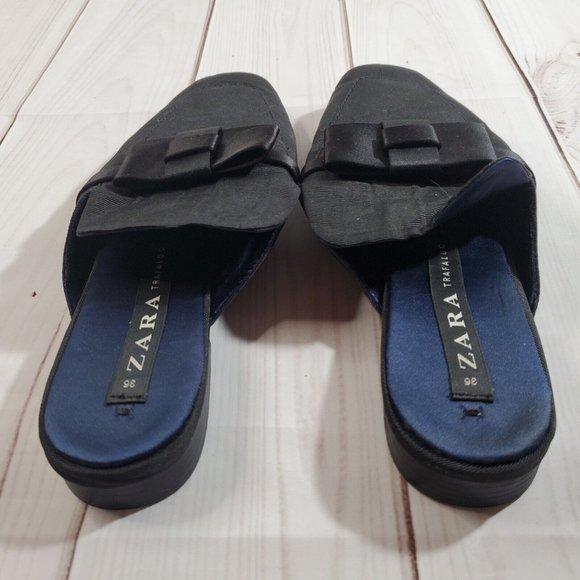 Zara Flats 36 US 6 Womens Shoes Black Fabric Mules Slip On Shoes Bows Square Toe - Picture 5 of 10